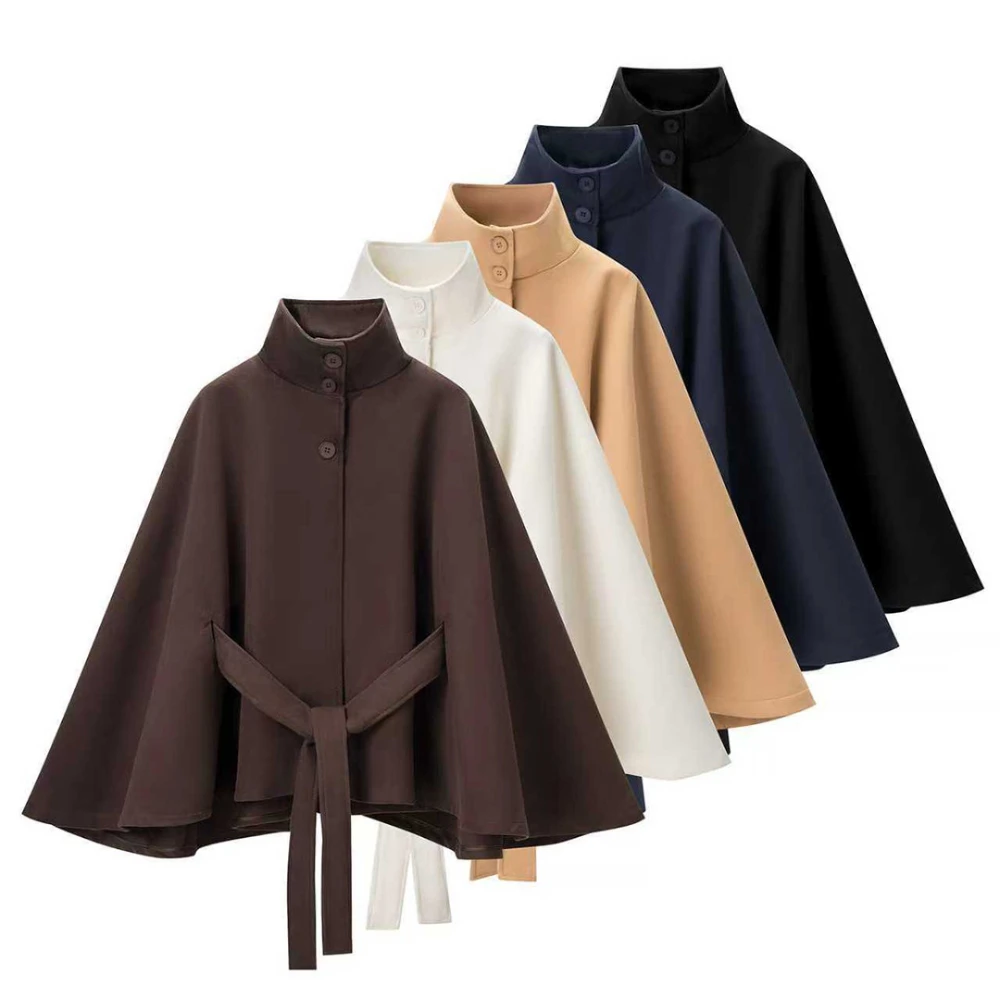 Fashion Temperament Stand Collar Wide Sleeve Cloak-style Coat With Waistband Women's Simple Loose Solid Color Versatile Coat
