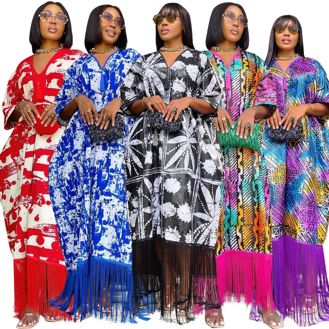 African Dresses for Women Tassels African Fashion Boubou Dashiki Ankara Outfits Evening Gown Abayas Printing  Kaftan Robe