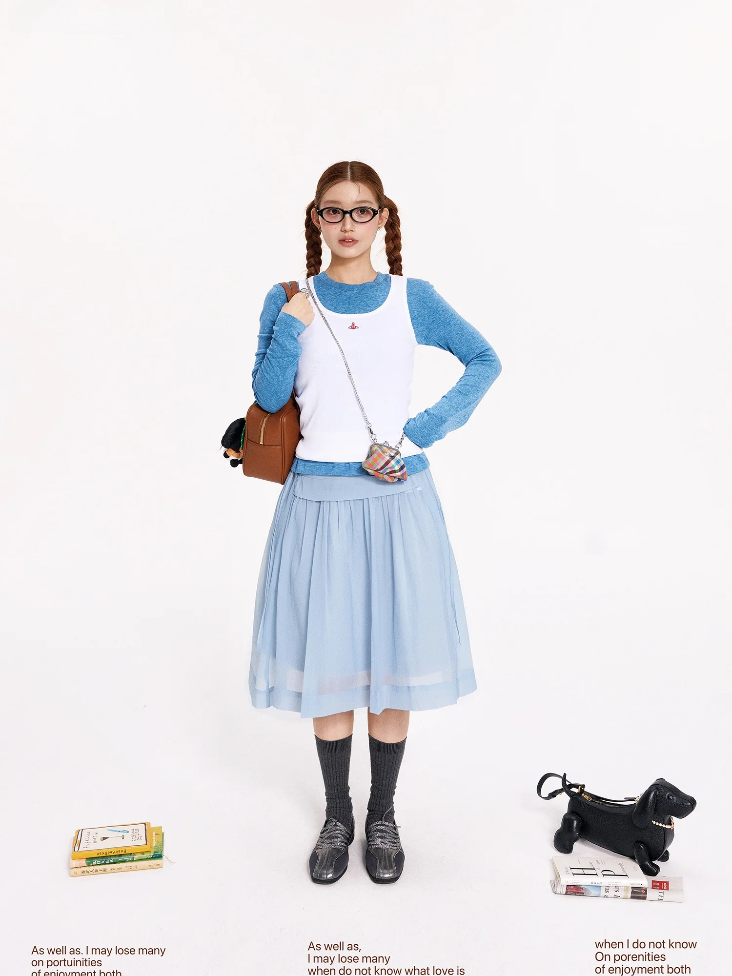 

Lepearl Spring Summer New Style Small Pearl Pleated Skirt Drawstring Detachable Two Colors Blue And White A-Line Loose Fit