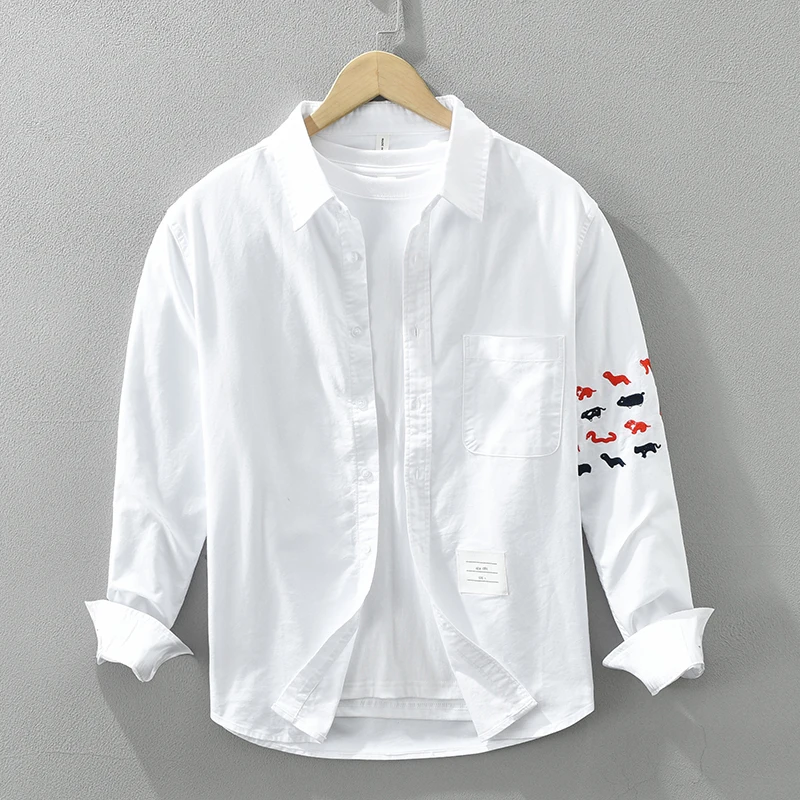 Fashion White Long Sleeve Shirt for Men New Loose Embroidery Cotton Casual Shirt Men\'s Clothing