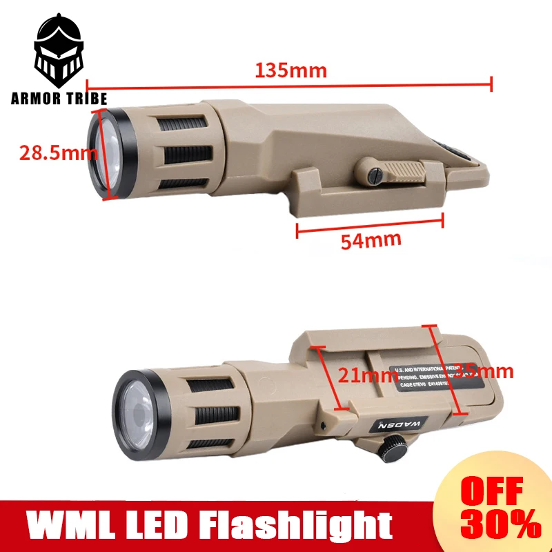 WADSN  WML Long Tactical Flashlight Hunting Scout Pistol Gun Accessory Constant-on/Momentary-on/Strobe Fit 20MM Picatinny Rail