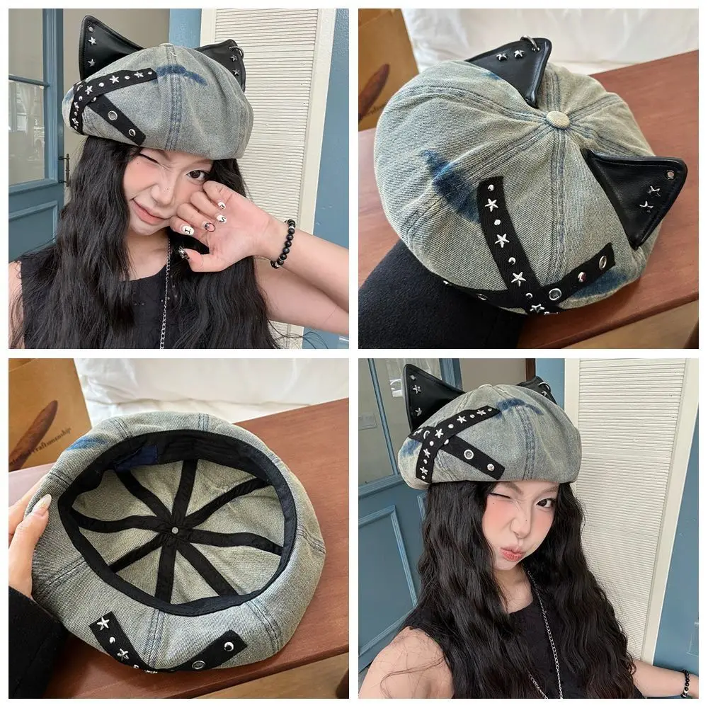 

New Design Denim 3D Cat Ear Hat Y2K Studded Cat Ear Beret Breathable Painter Hat