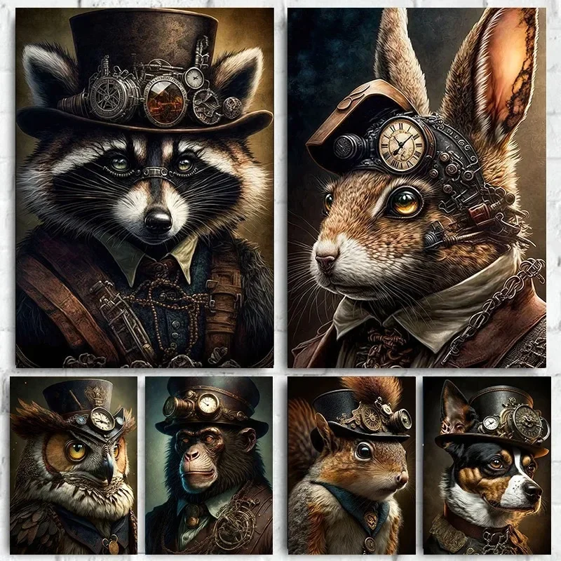 Steampunk Cat Wolf Astronaut Rabbit Poster Art Canvas Painting Retro Funny Animal Tiger Gorilla Poster Living Room Home Decor