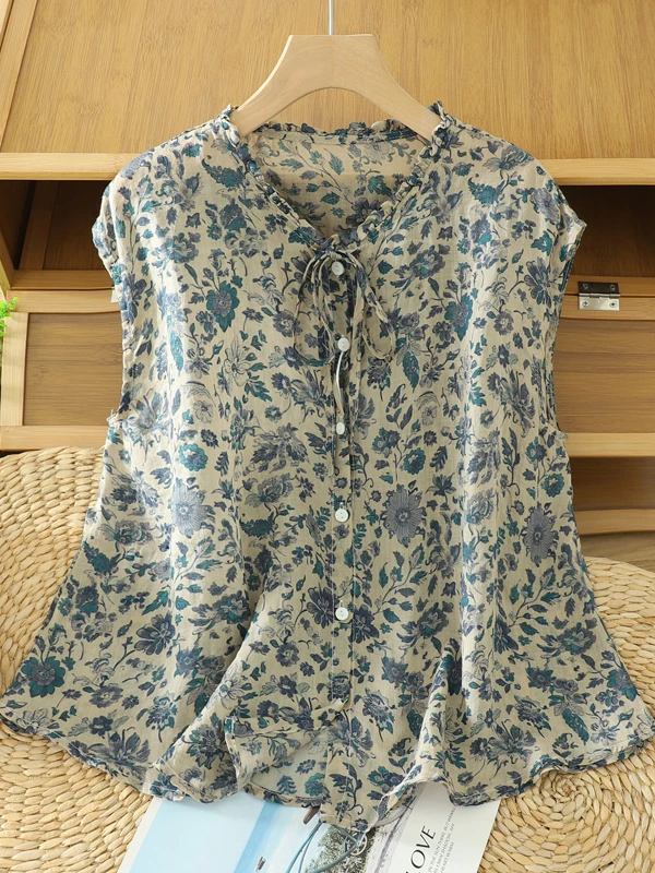 

Retro Floral Print Women's Loose Fit Button up Svel irt Large Size Artistic Sle Casual Wear Summer Season Top