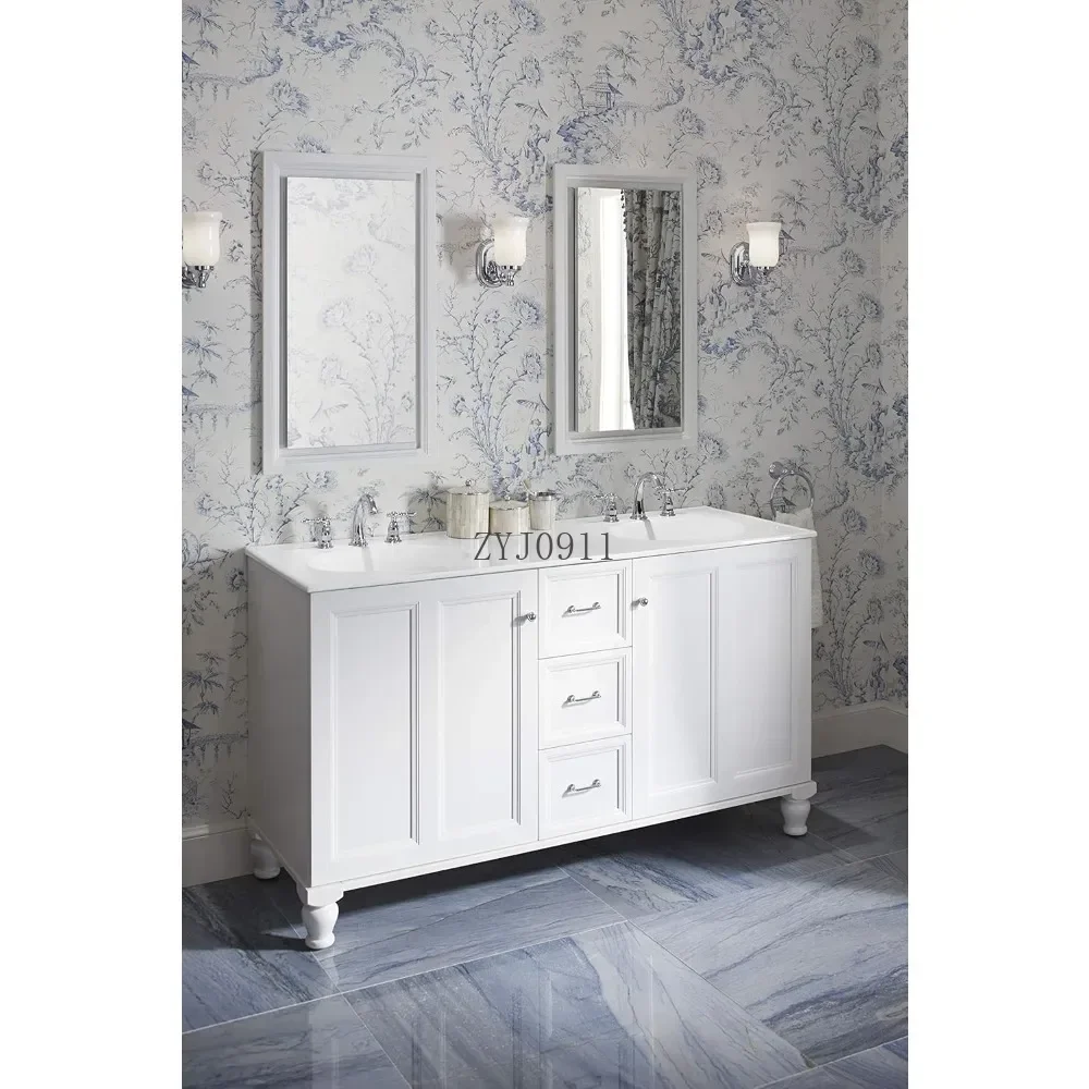 صنبور حمام واسع الانتشار مع مجموعة تصريف منبثقة، صنبور حوض الحمام ذو 3 فتحات ومقبضين من الكروم المصقول #6