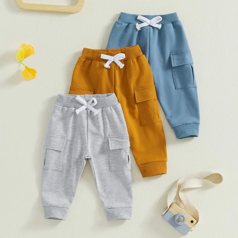 

RUEWEY 0 to 3 Years Baby Boy Cargo Pants Spring Autumn Clothes Solid Color Elastic Waist Trousers with Pockets Causal Streetwear