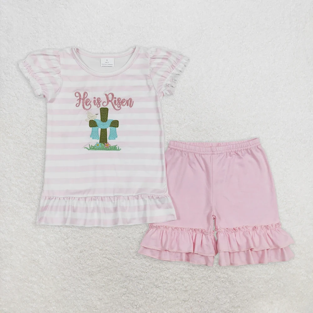 Ensemble chemise et t-shirt de pâques pour bébés filles, avec short à volants à rayures roses, pour le printemps