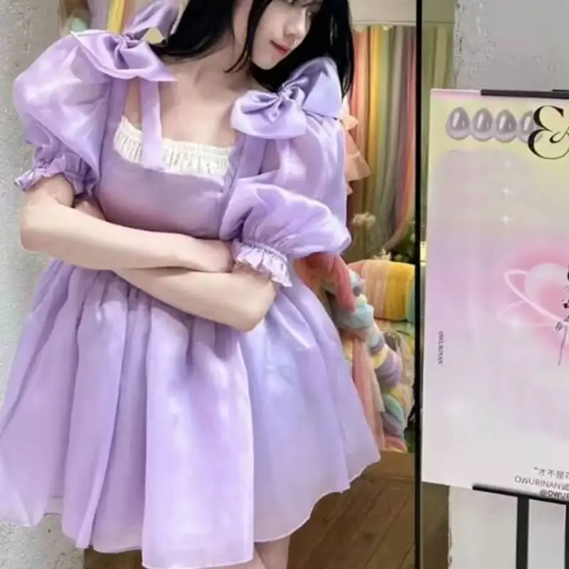 

Kawaii Purple Organza Dress Women Large Shoulder Bows Puff Sleeve Square Neck Ruffle Flowy Short Lolita Dress Birthday Outfit