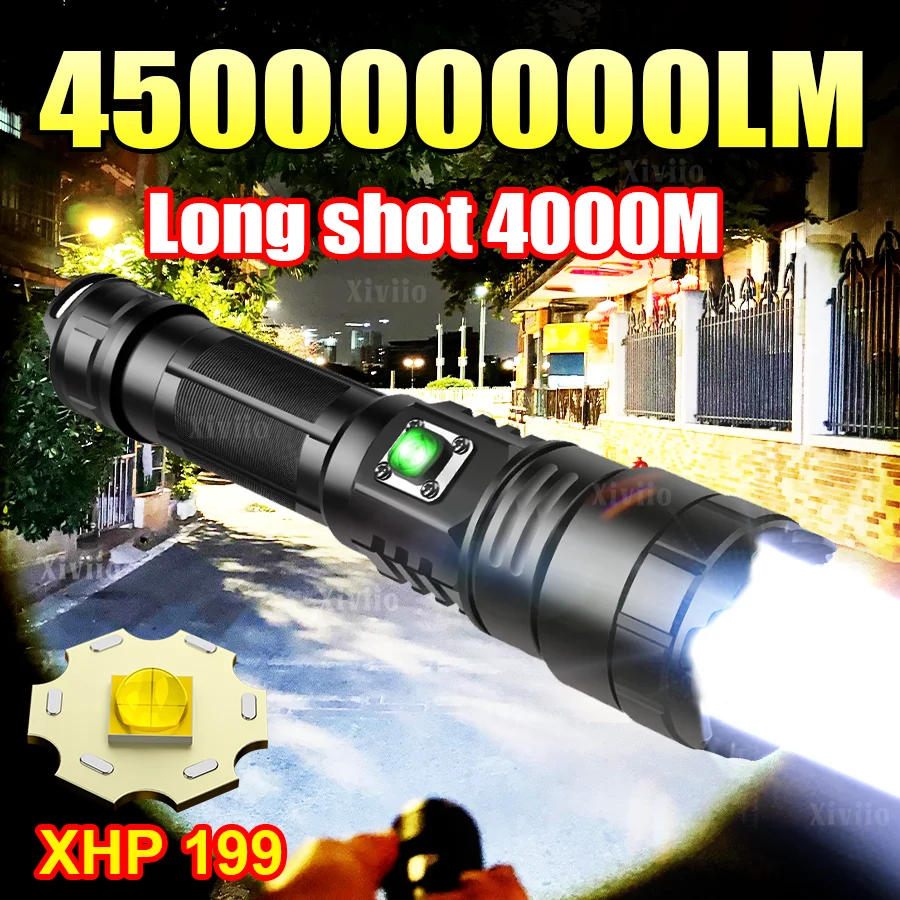 

XHP199 LED Flashlight Strong Light Rechargeable Flashlight 18650 Long Range 4 KM Tactical Torch Outdoor Waterproof Camping Light
