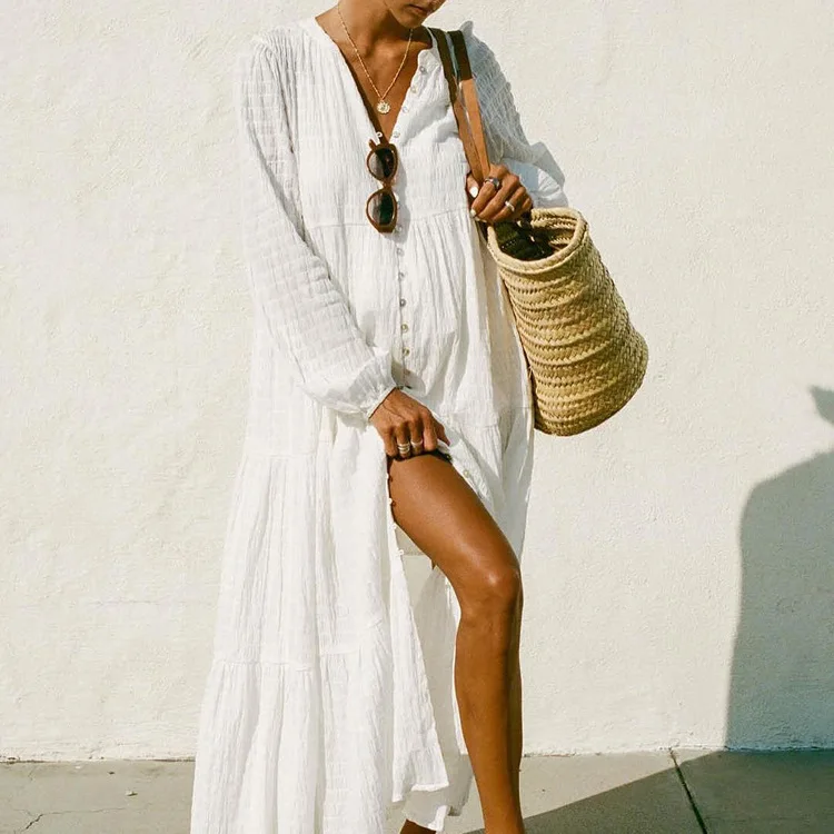 2025 nuevo vestido Casual plisado de algodón francés para mujer, cárdigan de manga larga con cuello redondo, vestido largo blanco, vestidos bohemios para vacaciones en la playa