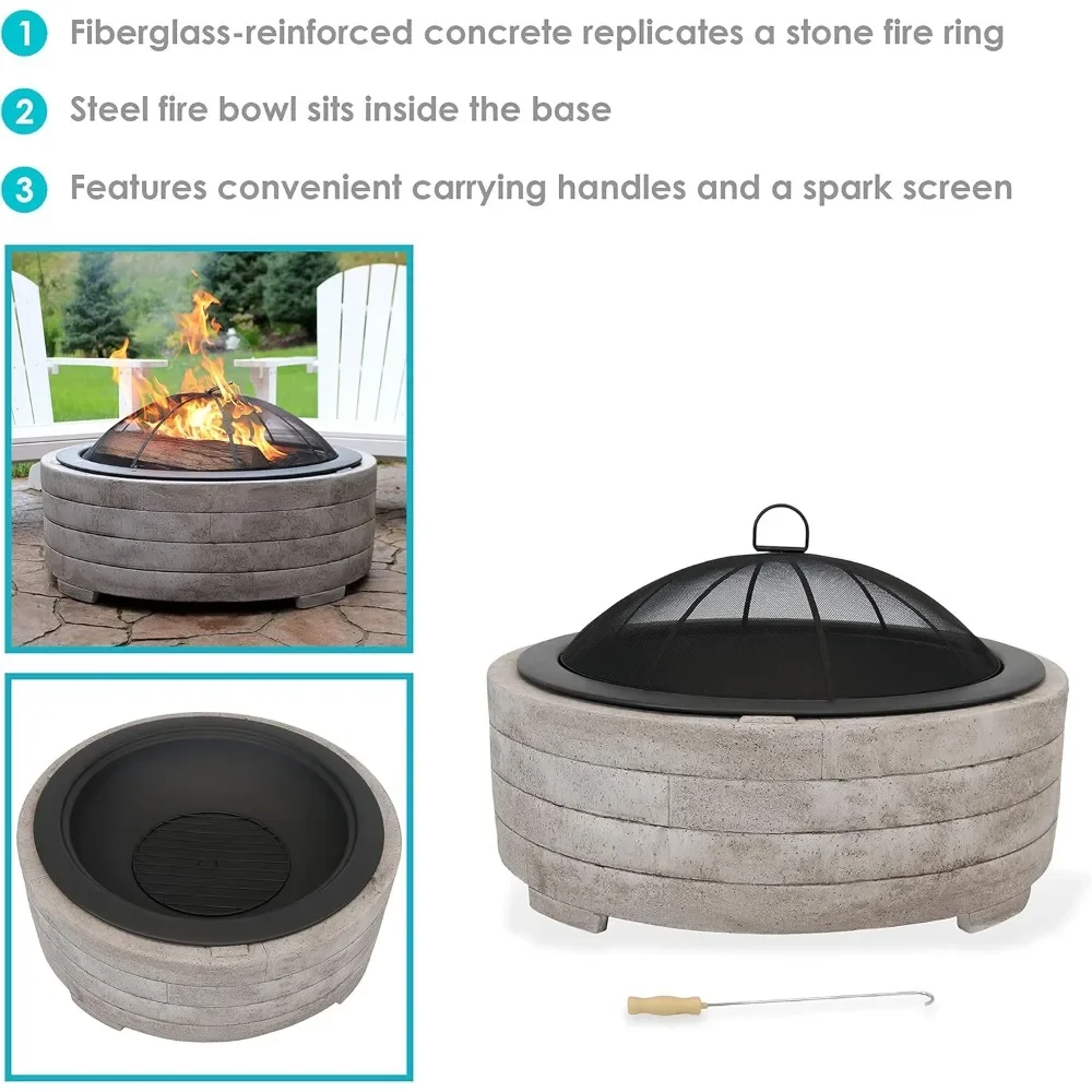 35-Inch Faux Stone Fire Pit Bowl with Handles - Includes Spark Screen - Wood Burning