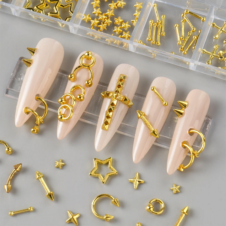 12グリッド パンク シルバーゴールド リベットスタイル ネイルチャーム Y2K メタルゴールド ピアスリベット ソリッドネイルアートデコレーション DIYネイル用品