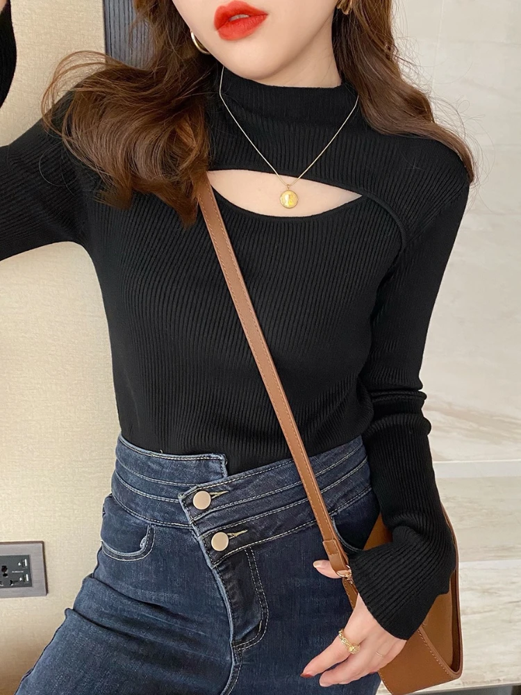 2026 Autumn Winter Women Turtleneck Hollow‑Out Knit Pullover Inner Base Top Unique‑Design Elegant Long‑Sleeve Sweater