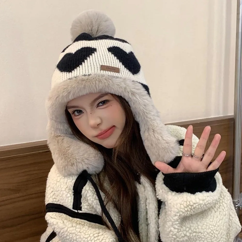 Уютная утолщенная вязаная шерстяная шапка с помпонами, дизайнерская зимняя шапка с принтом любви, шапка-бини, уличная зимняя шапка