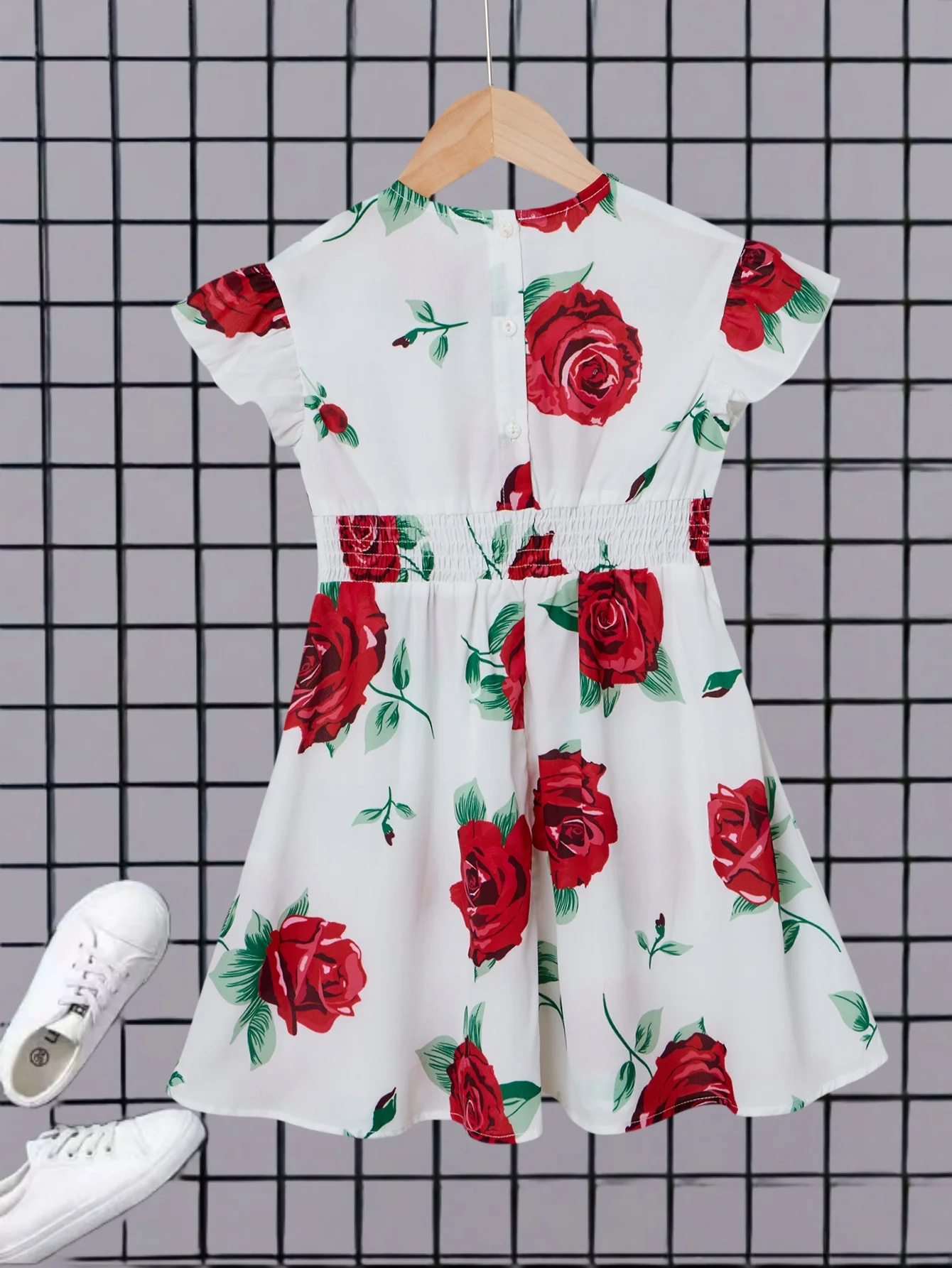Summer children's girls small flying sleeve round neck rose print draw waist slimming comfortable breathable slim casual dress