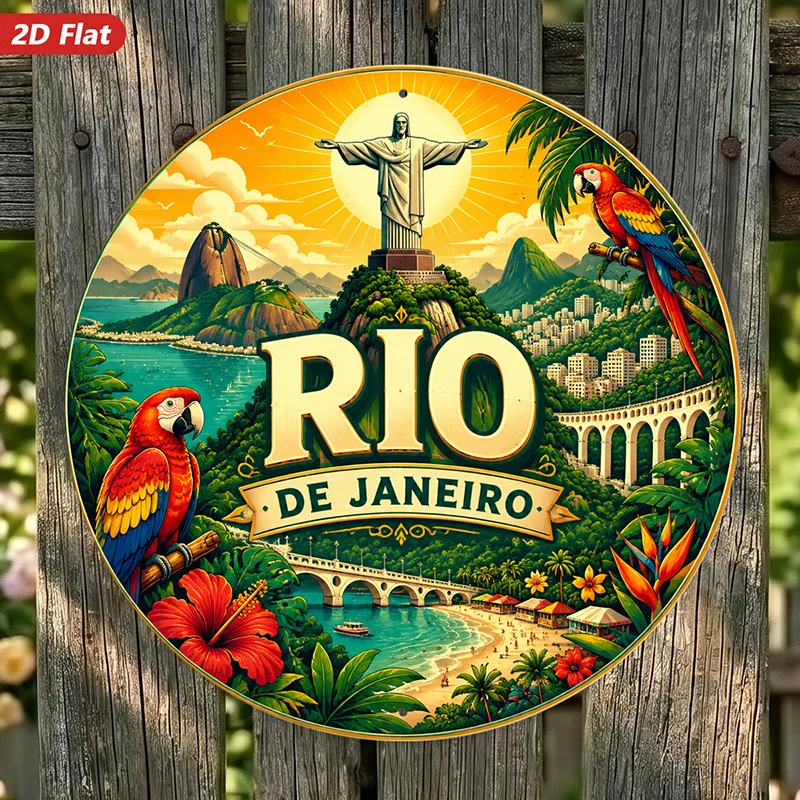 2D Flat, 1pc Rio Tropical Travel Round Metal Sign Wall Art, Rio De Janeiro Lettering, Christ Statue Skyline, Red Parrots, Home D