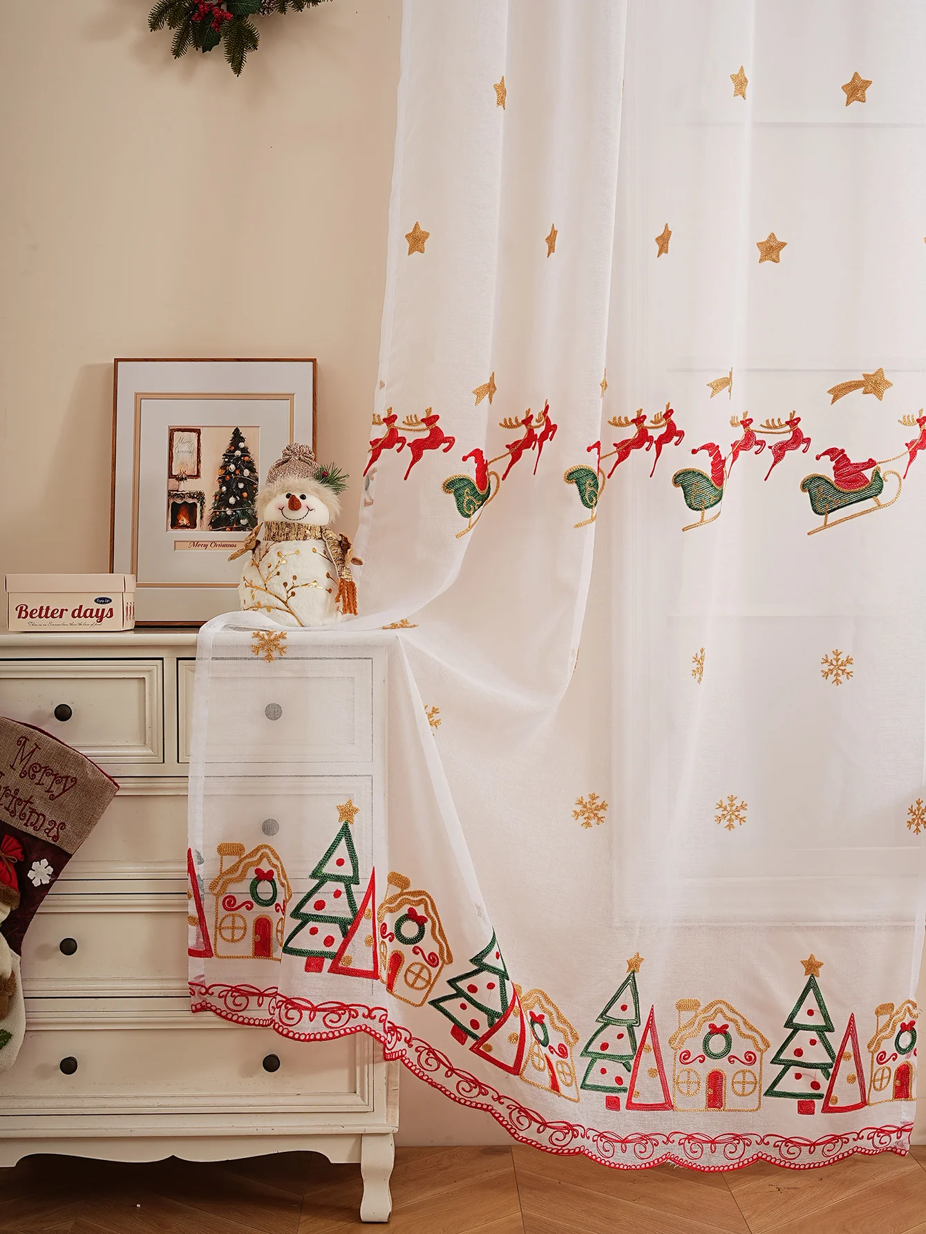 1 قطعة عيد الميلاد الرنة مزلقة المطرزة تول القطب الستار لغرفة المعيشة غرفة نوم عطلة ديكور الحفلات #3