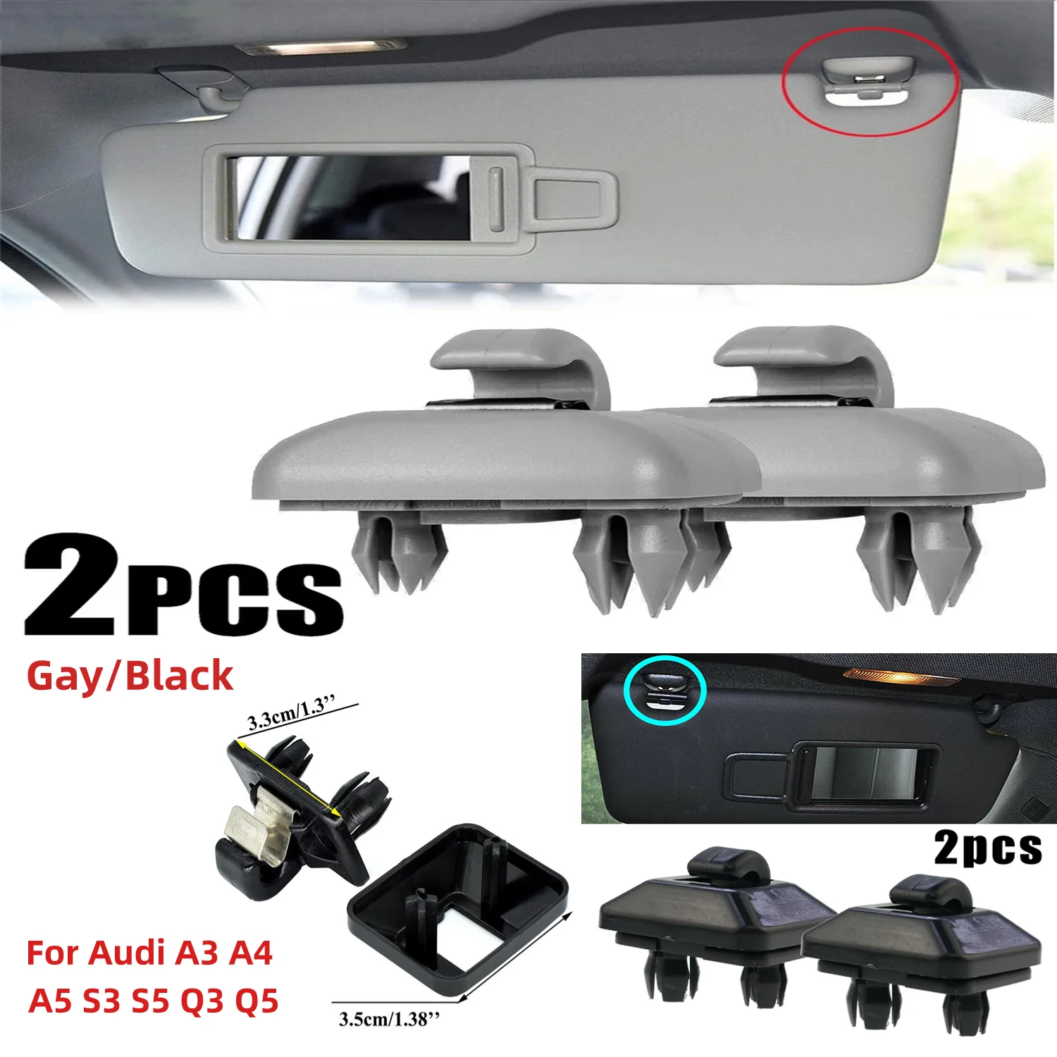 2pcs 8U0857562A Sun Visor Clips for Audi A1 A3 A4 A5 Q3 Q5 S3 S4 S5 TT Gray Black Sun Visor Hooks Car Interior Accessories Parts