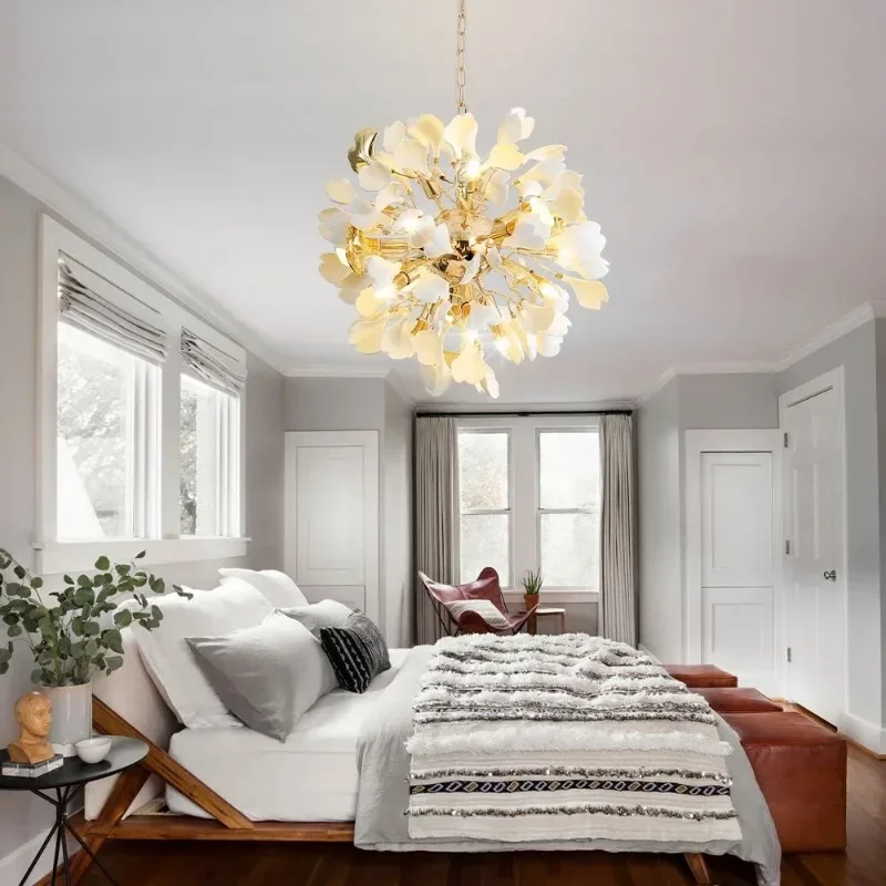 

Modern French Ginko Leaves Chandeliers for Dining Room Bedroom Ceramics Round Hanging Pendant Lamp Chandelier Bedroom Bathroom