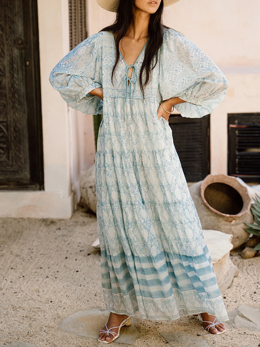 

CHQCDarlys Women Casual Loose Bohemian Floral Dresses Long Lantern Sleeve V Neck Long Dress Boho Beach Swing Dress