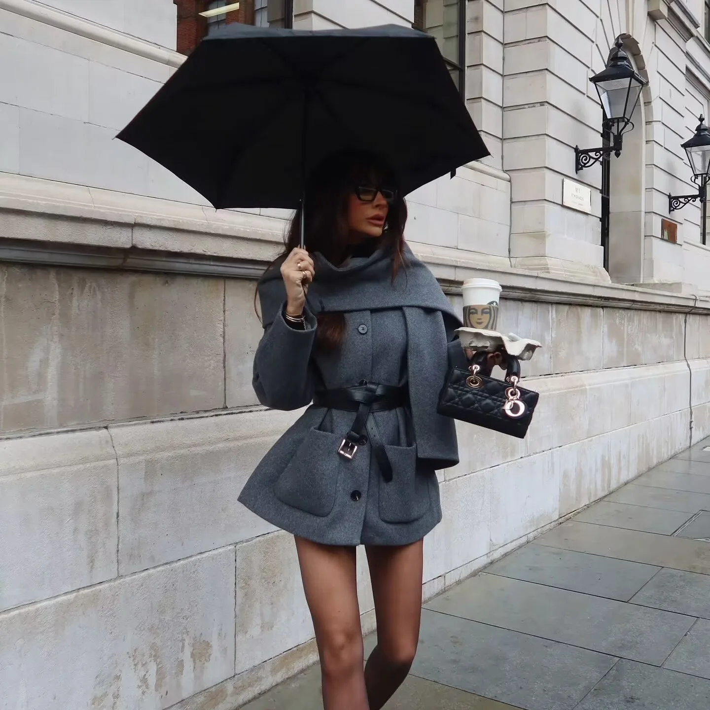 Women's Elegant Pocket Jacket Autumn Winter Fashionable Design Warm Solid Color Outwear Detachable Scarf Street Style Coat