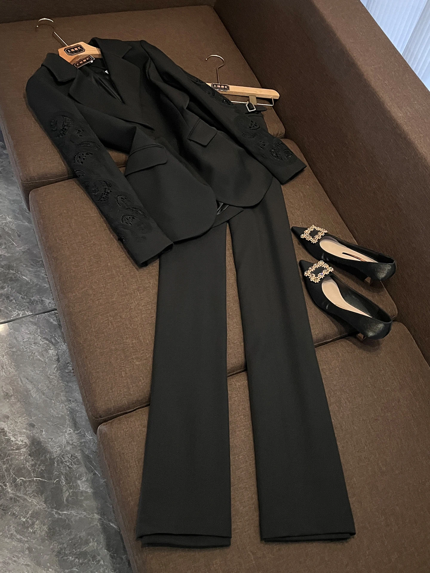 

Busin Casual Sle Set High Waist Wide Leg Pants Hollow Design Color Small Suit Commute Wind New Arrival 2025