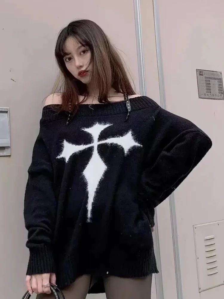 Gothic Harajuku Punk Sweater Women Pullovers Y2k Goth Dark Grunge Off Shoulder Knitted Tops Autumn Long Sleeve Jupmers Spring