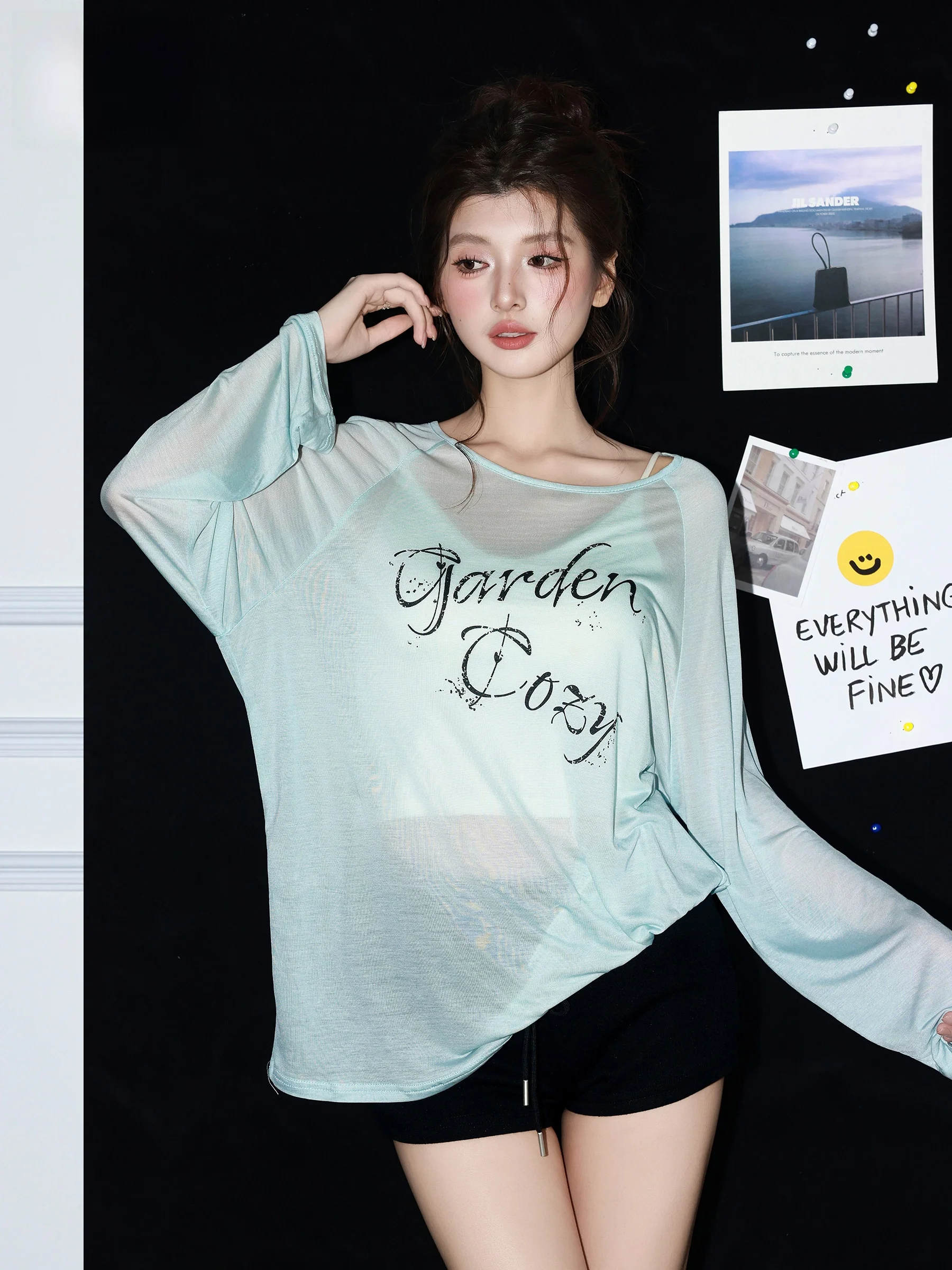 

Blue Lazy Style Long Sleeve Knitted Top Women's Summer Thin Loose Casual Letter Print Sun Protection Shirt Korean Style Slim Fit