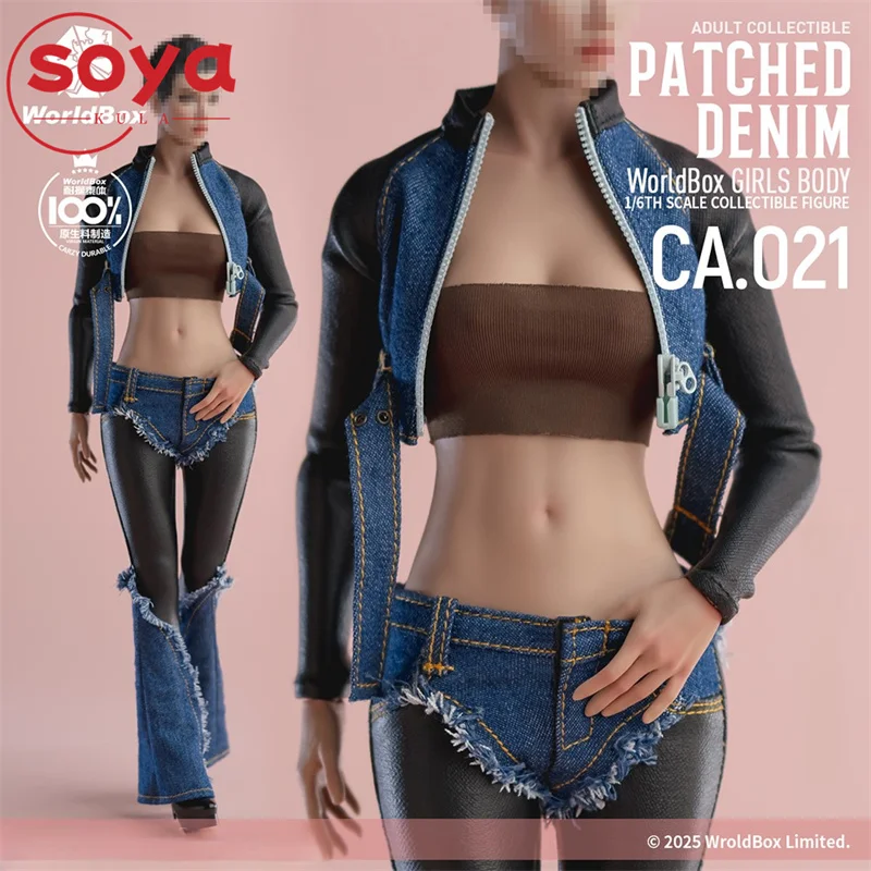 ชุดเสื้อแจ็คเก็ตยีนส์ลายปะติดสไตล์เรโทร Worldbox CA021 ขนาด 1/6 พร้อมกางเกง สำหรับตุ๊กตาแอ็คชั่นฟิกเกอร์หญิงขนาด 12 นิ้ว