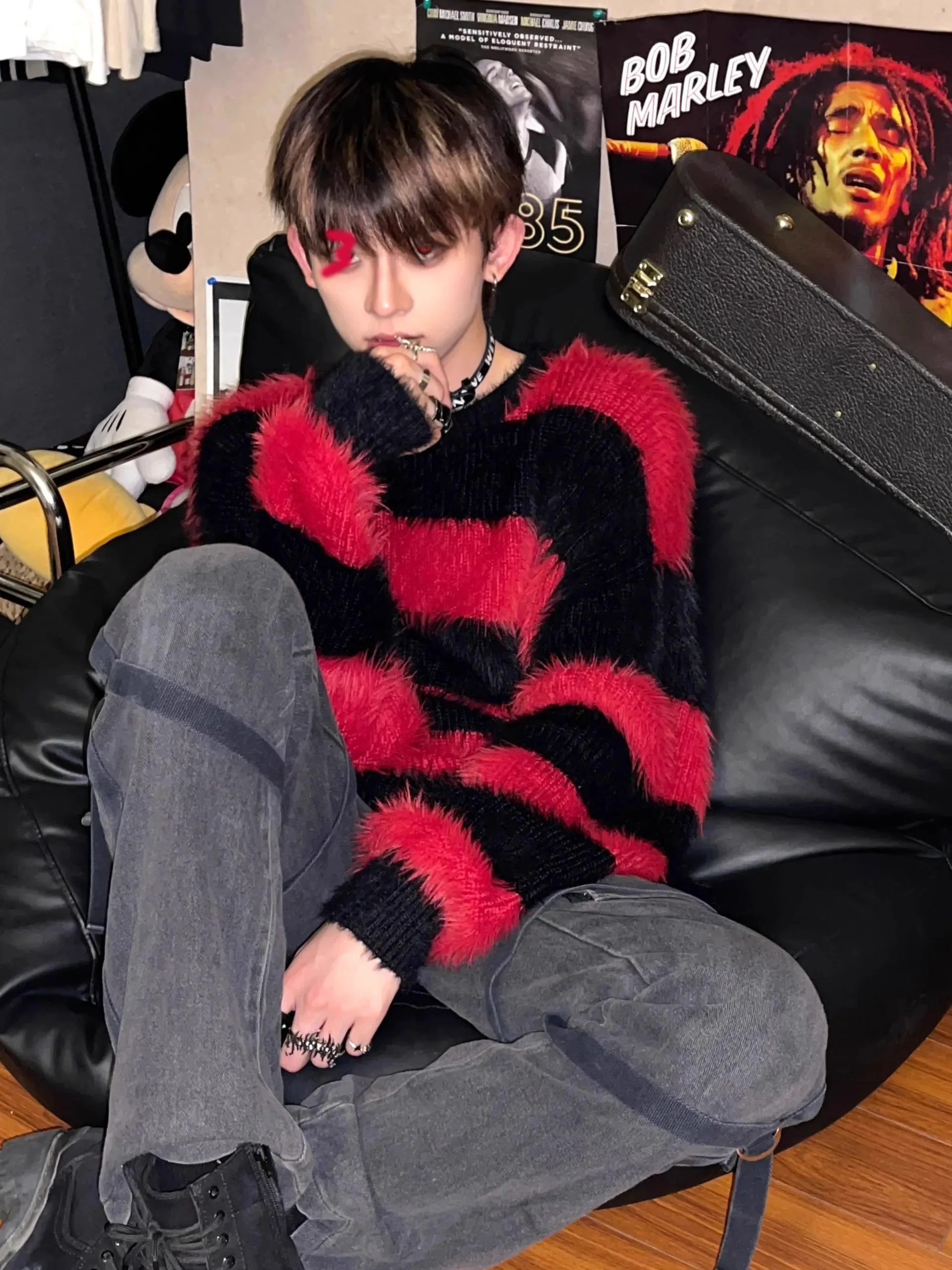 Vintage Pullover Black Red Contrast Striped Sweater Fashion Versatile Knit HIP POP Mens Clothing High Quality Casual Jumper