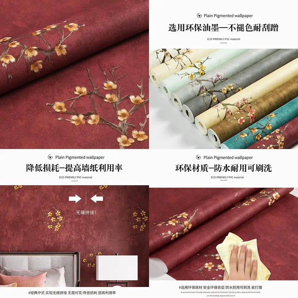 New Chinese Style Plum Blossom Zen Wall Mural for Tea Room Hotel Restaurant Vintage China Design Peel and Stick Free Wallpaper