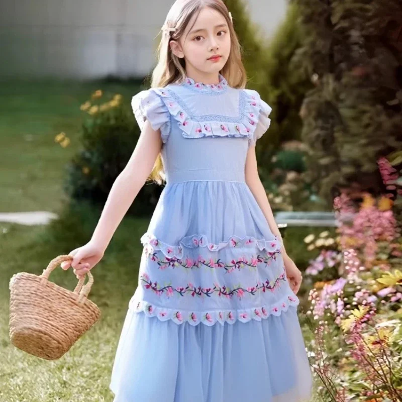 2025 Elegant Summer Dress Kids New Daily Wear Blue Floral Embroidery Puffy Tulle Royal Princess Gown High End Fashion