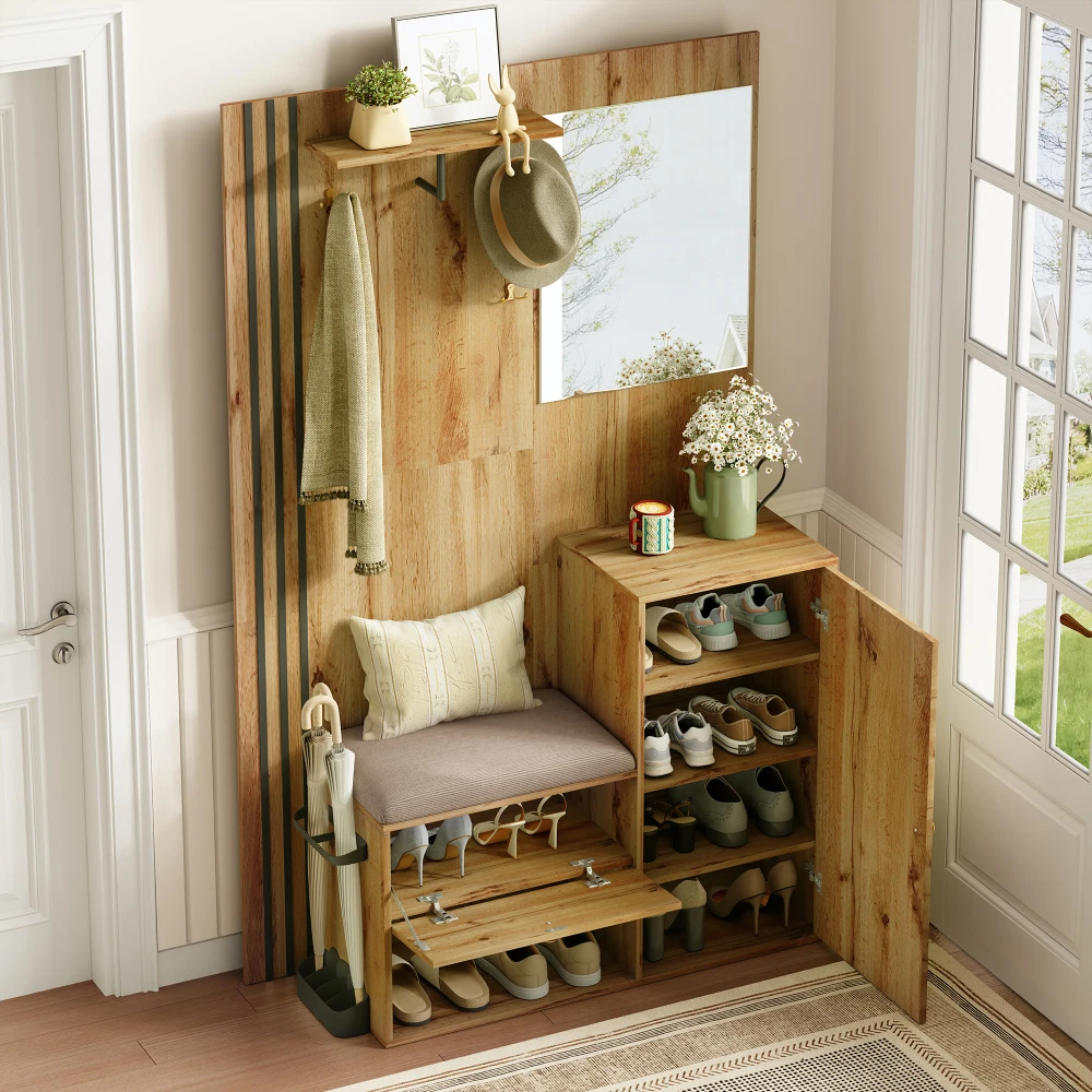 Kleiderschrank-Set, kompakter Flur-Kleiderschrank mit Spiegel und Kissen mit schwarzem Zierstreifen, Regal, Flur-Kleiderschrank, Schuhschrank – Detail 4