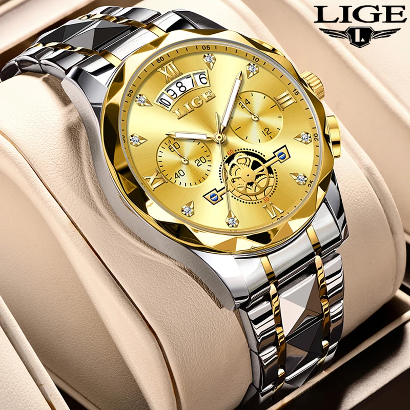 

LIGE new original quartz men's watch top luxury classic waterproof stainless steel strap business calendar watches for men reloj