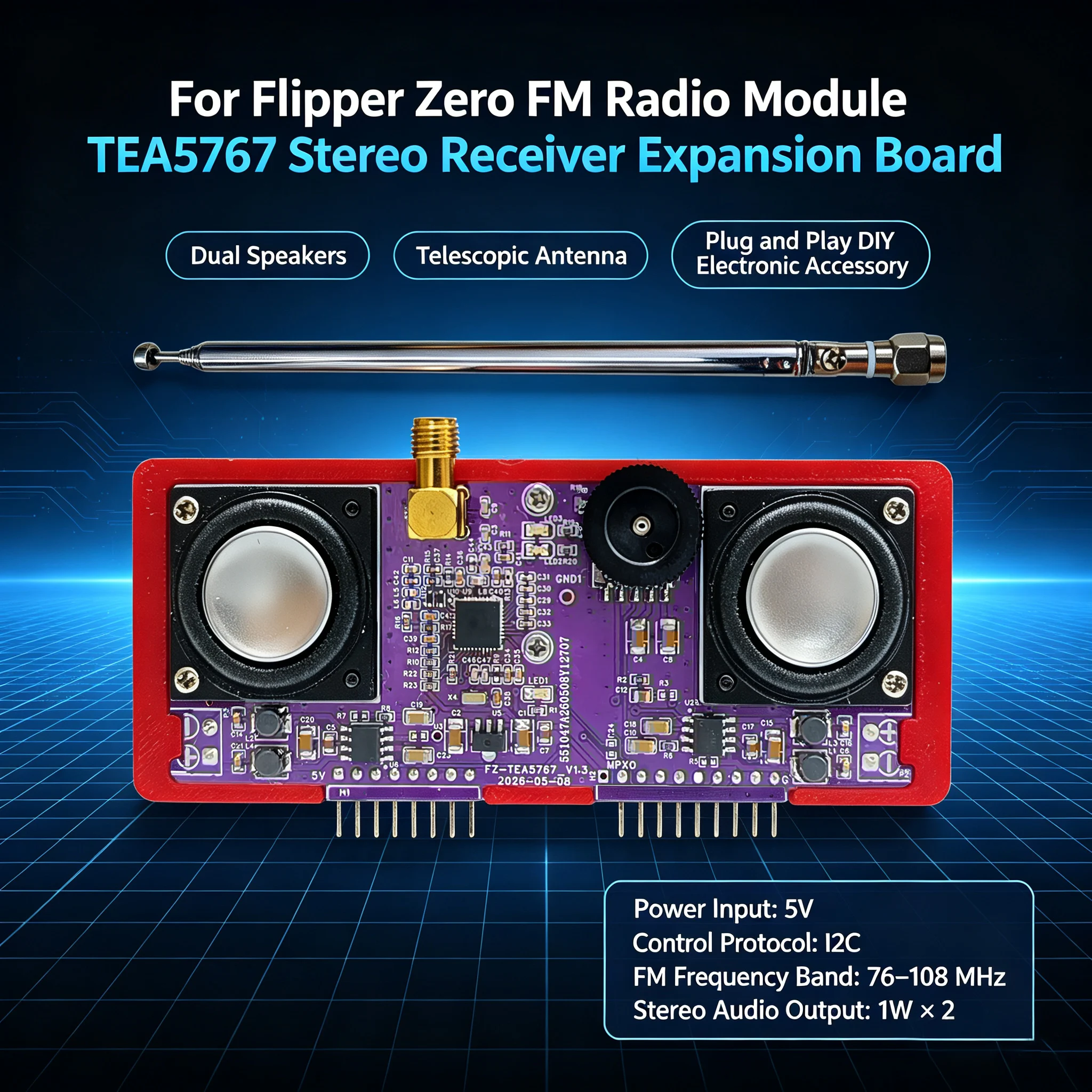 TEA5767 FM Stereo Radio Module for Flipper Zero Receiver Expansion Board with Dual Speakers & Telescopic Antenna Plug-and-Play A