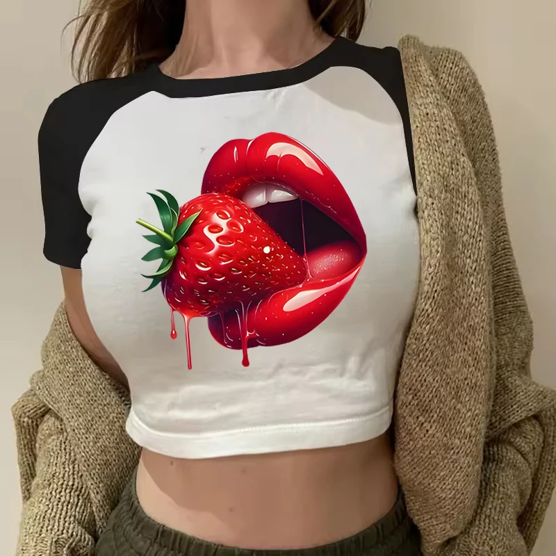 Strawberry Lip Print Design Tee Crop Top Watercolor Lip Print Women Casual Wear Fashion Short Sleeves Lip Sexy Cotton Crop Tops view 2