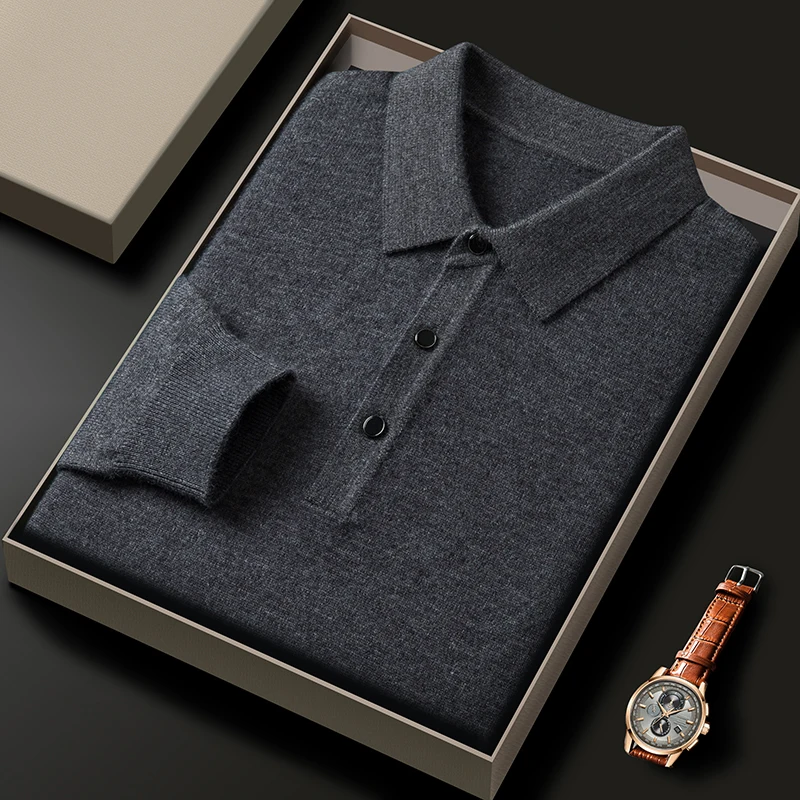 

Fashion luxurious men's knitted long sleeve polo shirt solid color comfort autumn new warm high-quality lapel sweater pullover
