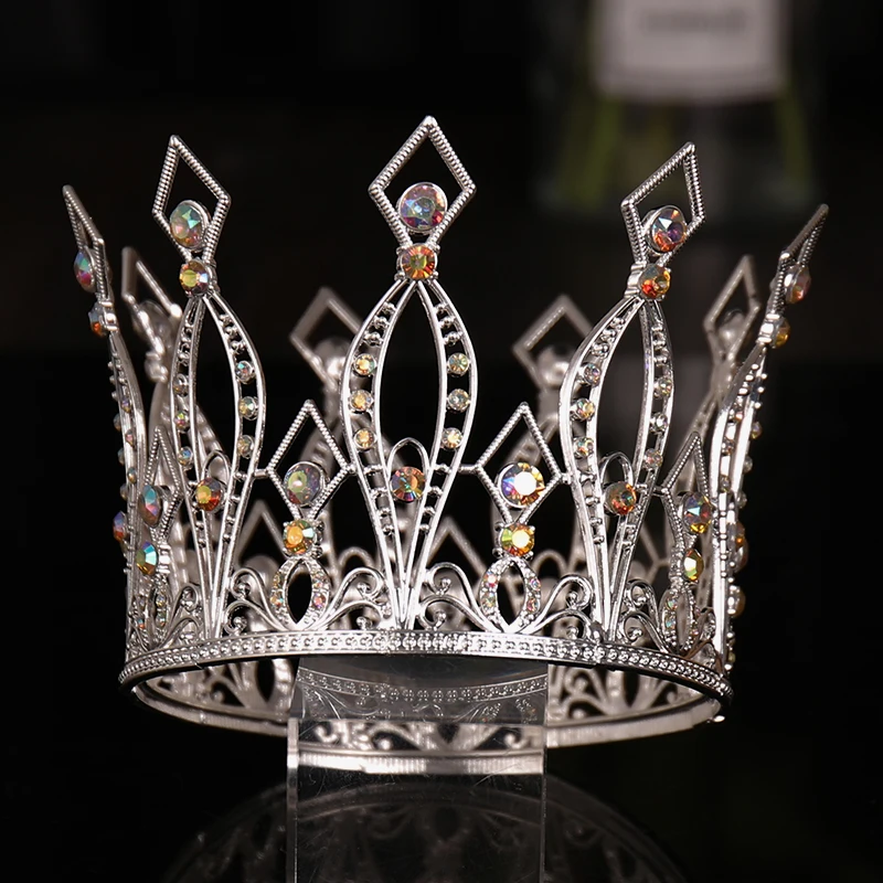 Silver Color Crystal Tiaras And Crowns Colorful Rhinestone Round Queen Diadems Wedding Hair Accessories Bridal Hair Jewelry Gift