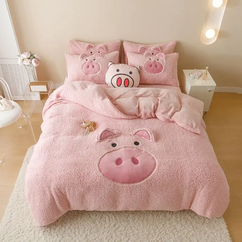 New Winter Warm Plush Three-piece Set Of Pig Lamb Milk Wool Four-piece Set Of Coral Velvet Quilt Cover Double-sided Bed Sheet