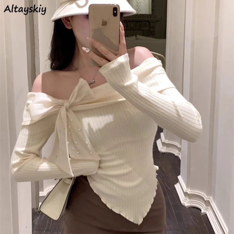 

Slash Neck Pullovers Women Irregular Bow Sexy Slim Knitted Sweaters Autumn Basic Корейская Мода Daily Tender Свитер Hot Sale
