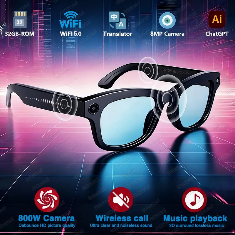 

2025 New Smart Glasses 8MP Camera Video Recording Translator Sunglasses Men Women Bluetooth Call Music Play Color-Changing Lense