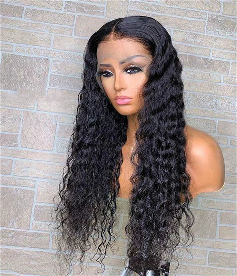 Long Kinky Curly Lace Front Wig para mulheres, preto natural, macio, sem cola, cabelo do bebê, sintético, pré-arrancado, resistente ao calor, 26 Polegada