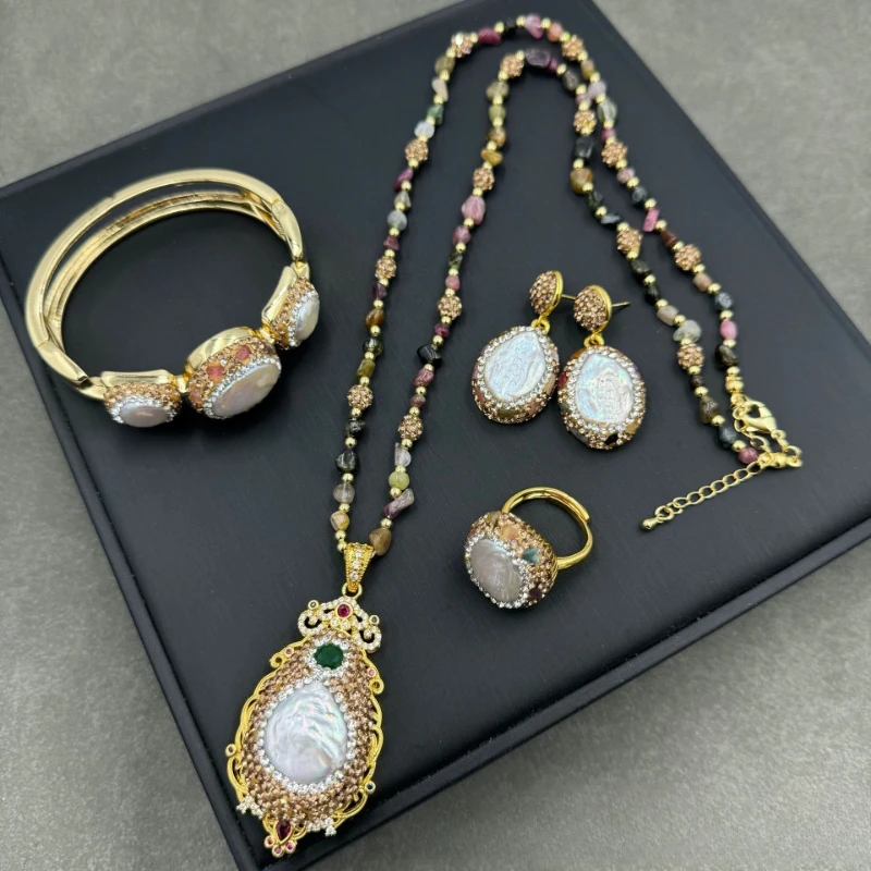 

Baroque Freshwater Pearl Jewelry Set Czech Rhinestone Necklace Earrings Bracelet Ring Women Gift