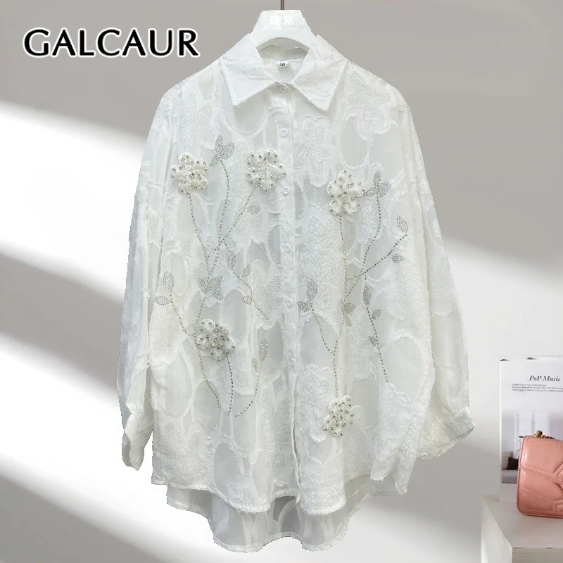 

GALCAUR Solid Spliced Appliques Elegant Shirts for Women Lapel Long Sleeves Patchwork Bead Luxurious Shirt Female Fashion Style