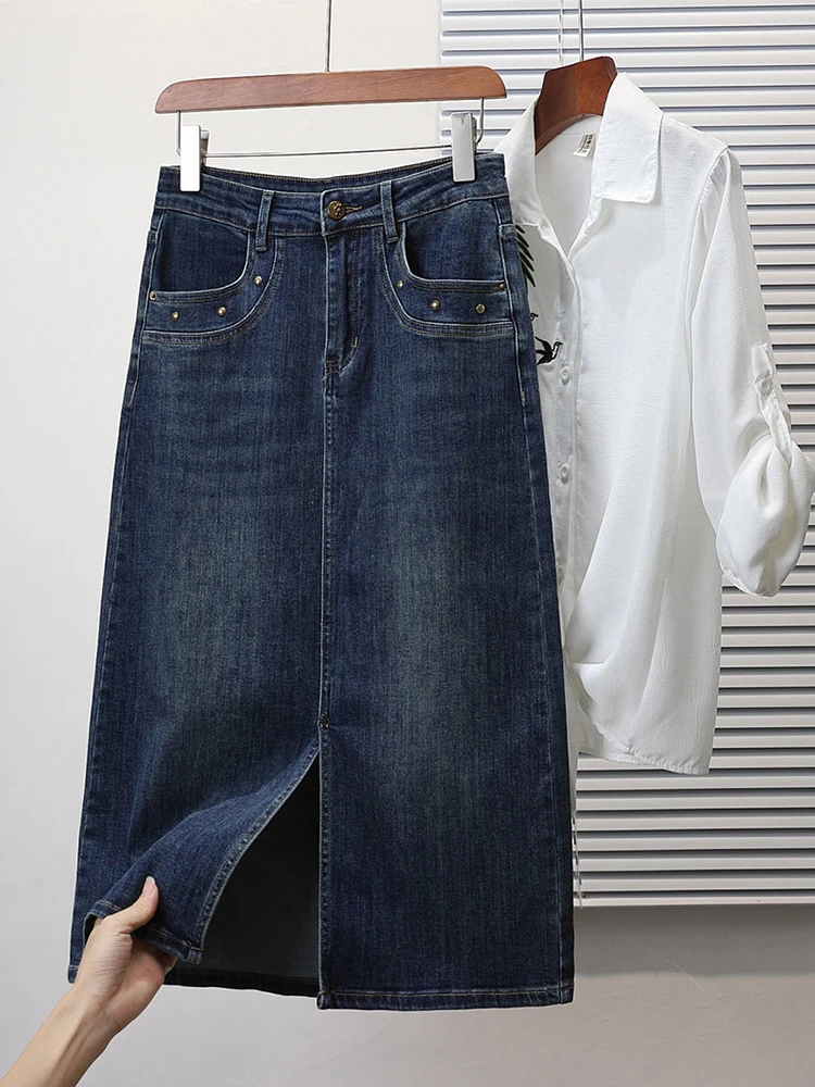 Gonna a trapezio midi in vita elastica ampia Gonne f-lunghezza in denim per gonne coreane comode e traspiranti da donna taglie forti