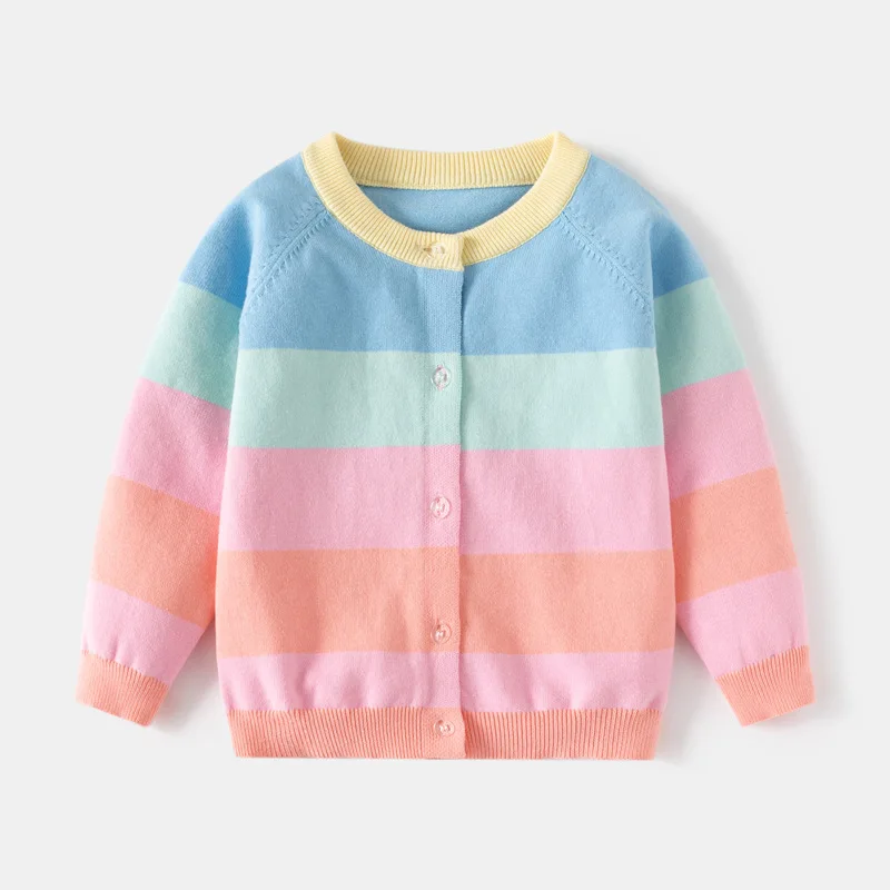 

New 2025 Girls Casual Rainbow Striped Warm Knitted Soft Cardigan Sweater Toddler Knitwear Children's Autumn Winter Cardigans
