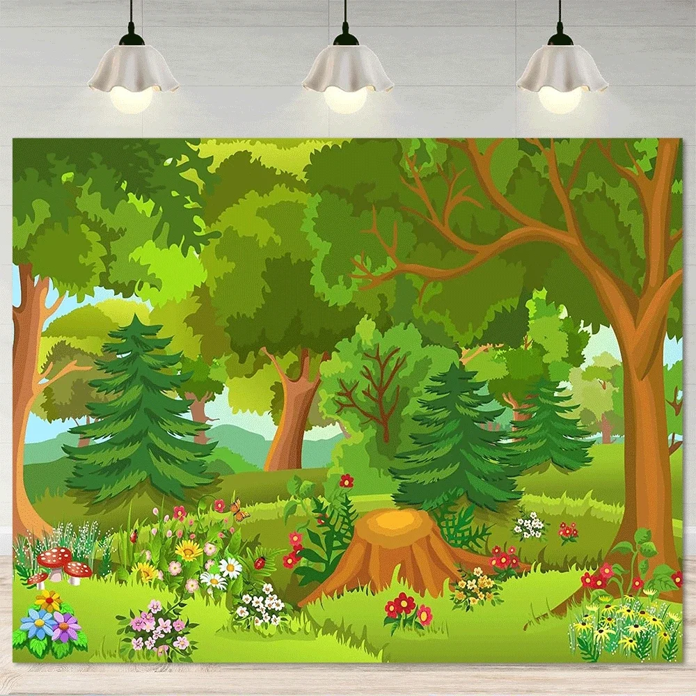 Fond de photographie de forêt de conte de fées, 1 pièce, ciel bleu brillant et pins, prairie verte luxuriante et fleurs sauvages