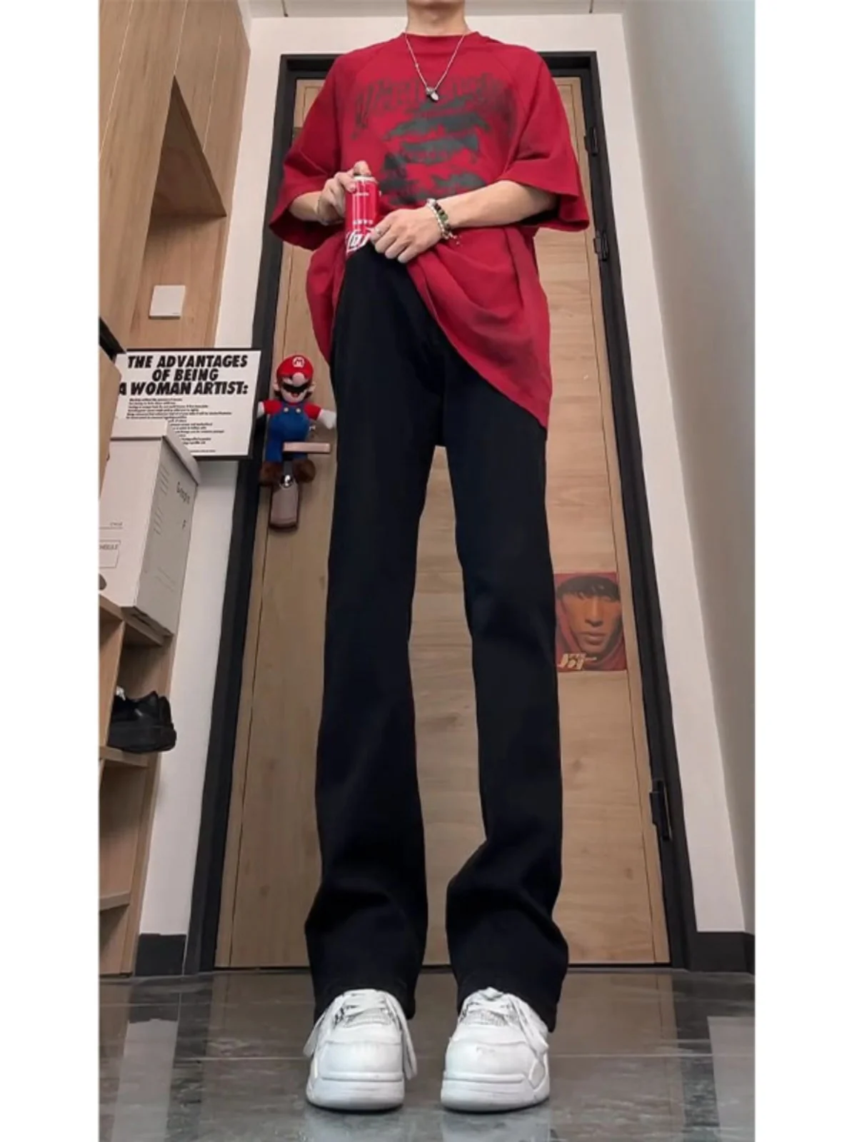 

American Vibe High Street Lengthened Straight Leg Jeans Men's Tall Version Black Denim Youth Trendy mid Waist Long Pants