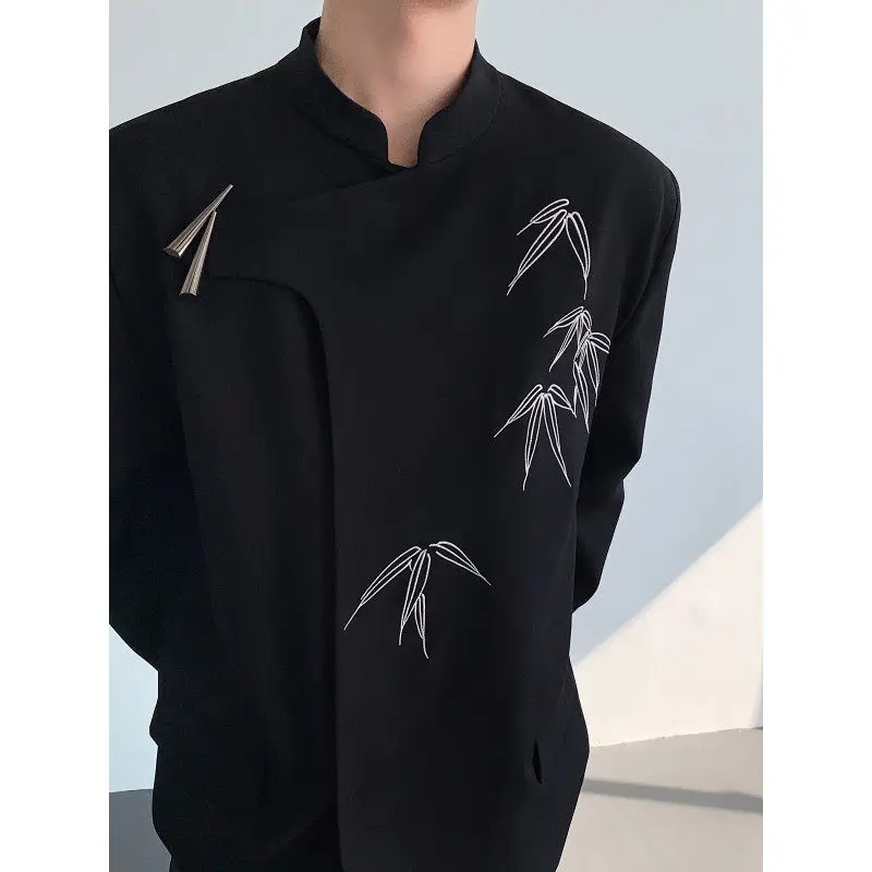 

Новый мужской костюм-пиджак из полиэстера с вышивкой бамбуком и металлическими пуговицами, весна-осень 2025, в китайском стиле, модный повседневный дизайн