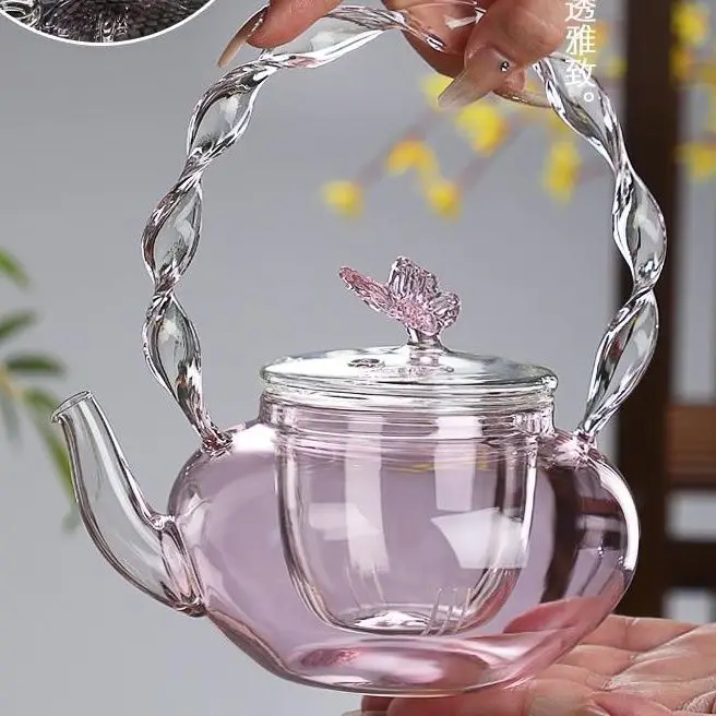 700ML Pink Butterfly Glass Coffee Pot Tea Pot Electric Ceramic Stove Glass Tea Pot High Temperature Resistant Tea Pot